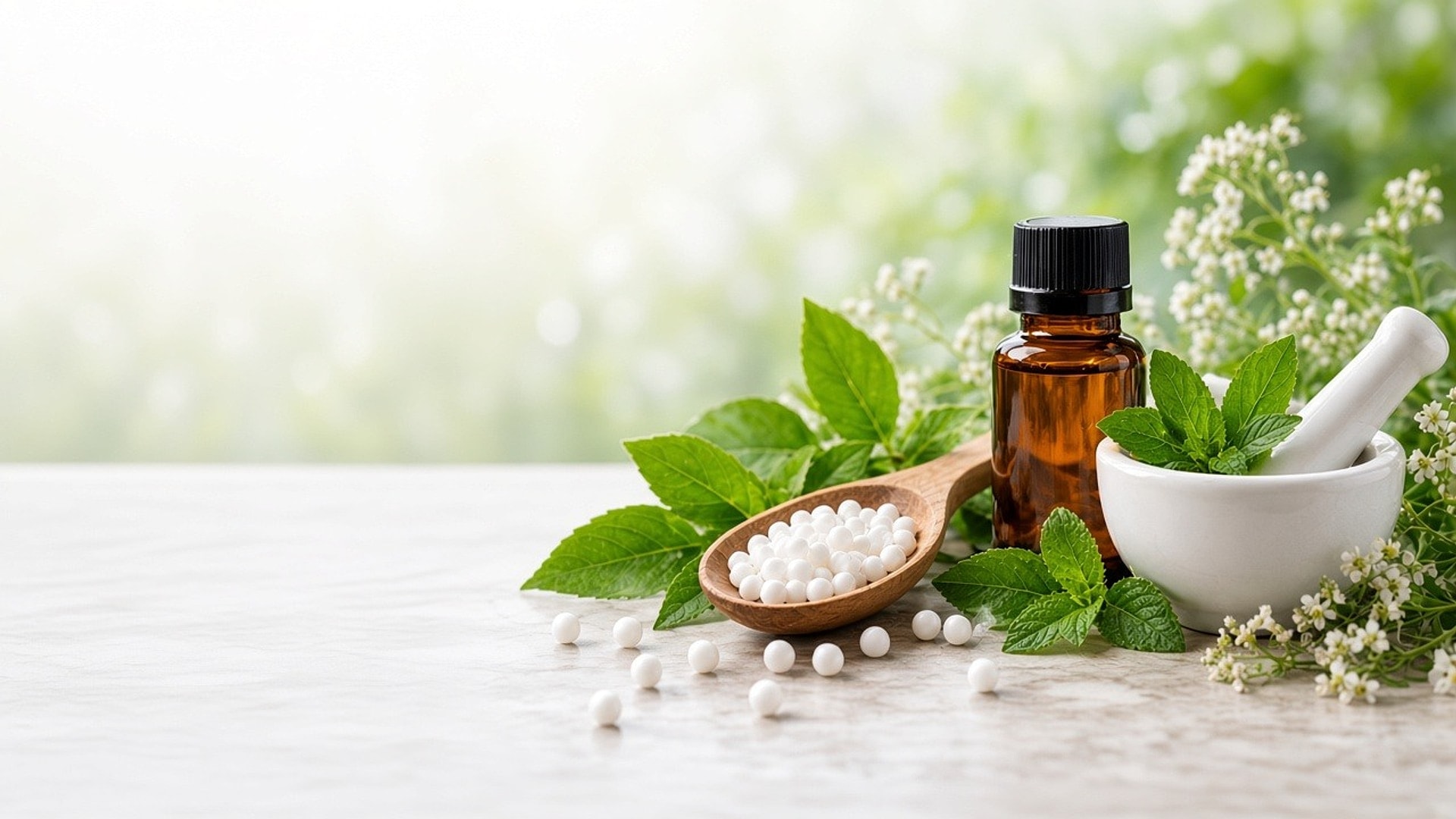 Natural homeopathic remedies with herbs, globules and mortar